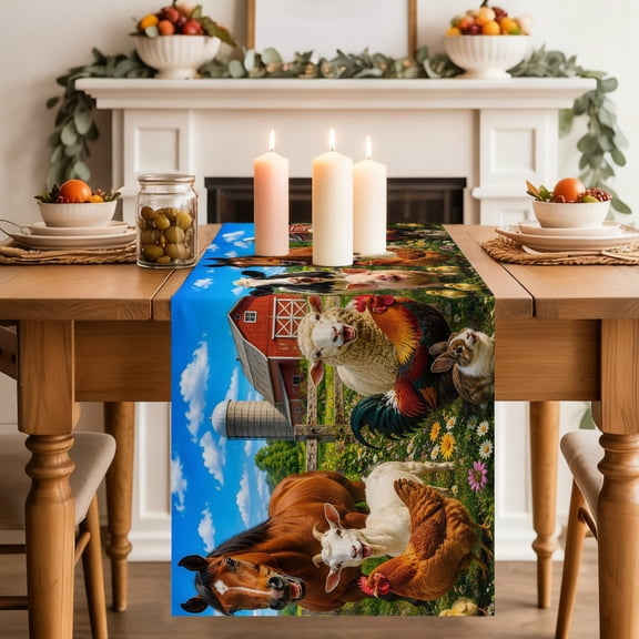 Farmhouse Dining Table Runner, Cow Horse Rabbit Pig Sheep Red Barn Rustic Washable Table Runners Kitchen Coffee Table Center Decor for Home Party Holiday Wedding 13 x 48 Inches