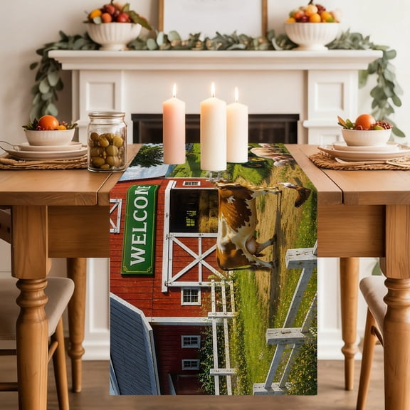 Farmhouse Dining Table Runner, Rustic Red Barn Animal Tractor Cow Rural Fence Washable Table Runners Kitchen Coffee Table Center Decor for Home Party Holiday Wedding 13 x 36 Inches