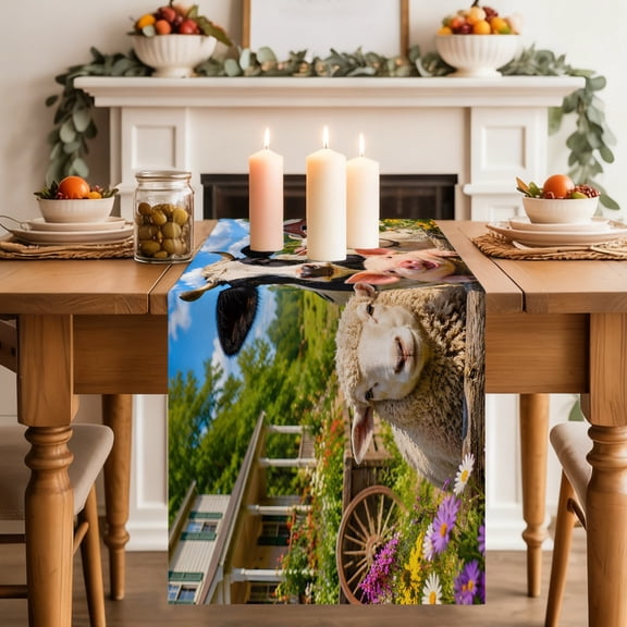 Farmhouse Dining Table Runner, Sheep Pig Cow Barn Rustic Countryside Washable Table Runners Kitchen Coffee Table Center Decor for Home Party Holiday Wedding 13 x 90 Inches