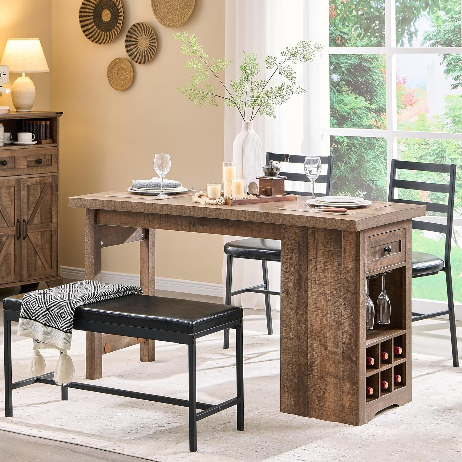 Farmhouse Dining Table Set for 4, 55" Large Kitchen Table Set with 2 Chairs and Bench, Rustic ...