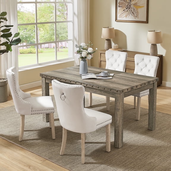Farmhouse Rectangular Kitchen Nook Table Set for 4, Wood Table& 4 Chenille Upholstered Dining Chairs with Diamond Tufted Parsons Chair, Luxury Dining Furniture 5 sets for Dining Hub,Living Room