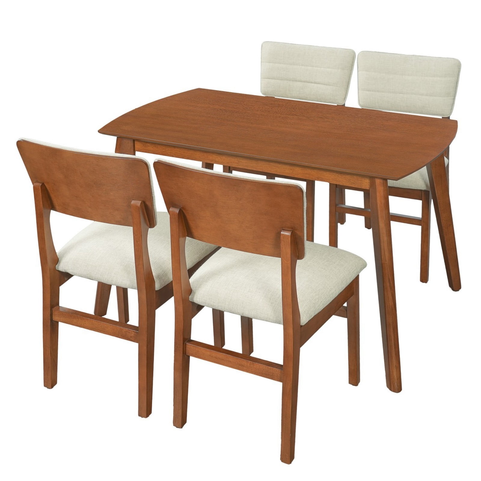 Farmhouse Dining Table Set for 4, Wood Kitchen Table with Upholstered Chairs, Rubberwood Frame, Padded Seats & Curved Backrests, Space-Saving Dinette Set for Dining Room, Brown & Beige