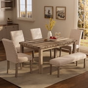 Farmhouse Dining Table Set for 6, Farmhouse Wooden Table & Upholstered Bench & 4 Dining Chairs, Kitchen Dining Set with