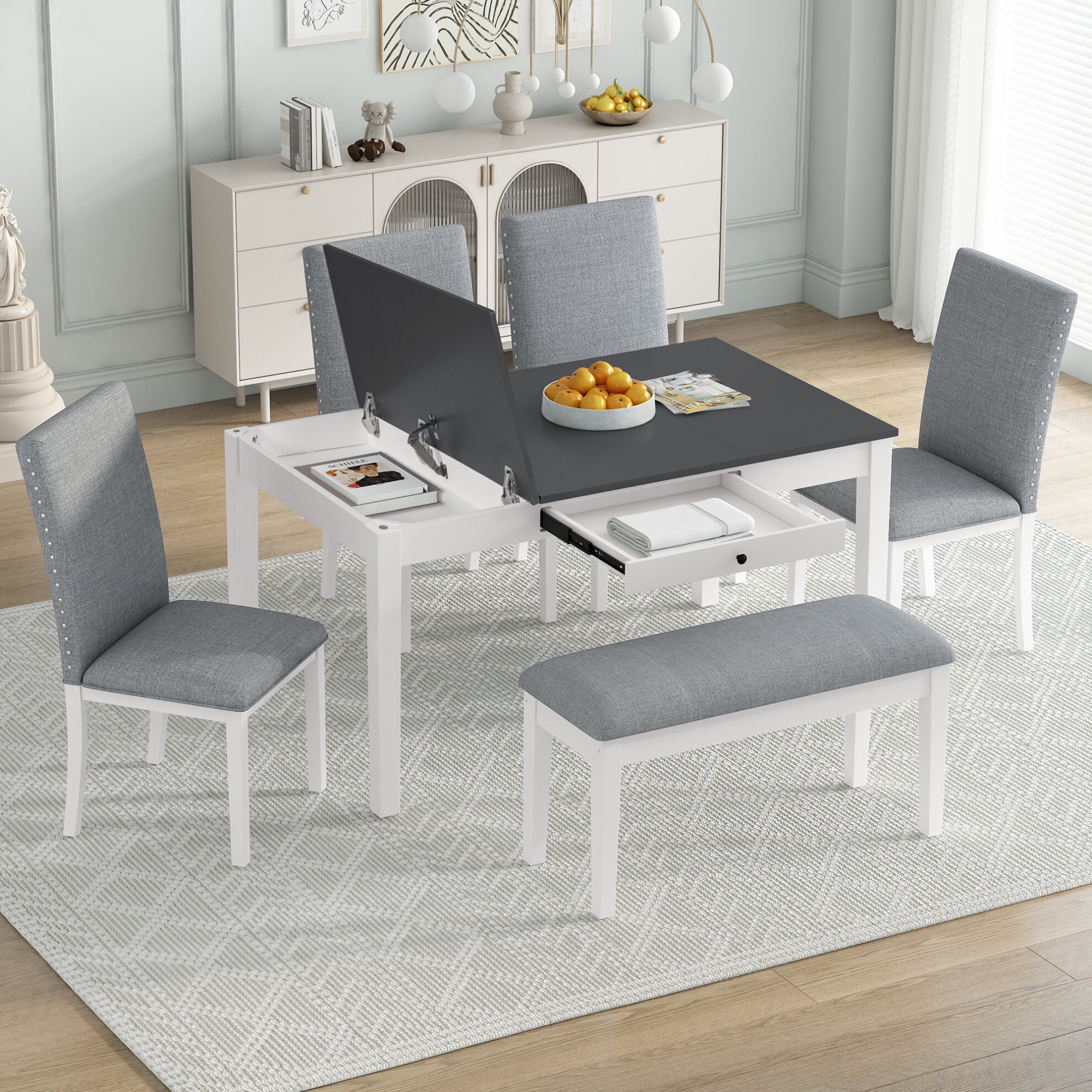 Farmhouse Dining Table Set for 6, Kitchen Table Set with Drawer ...