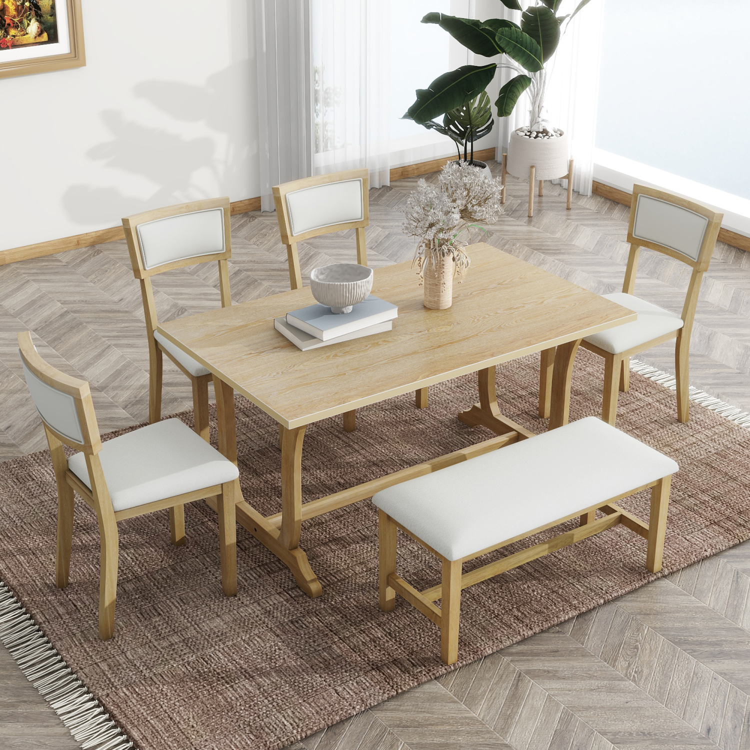 Farmhouse Dining Table Set for 6, Rectangular Trestle Table with 4 ...