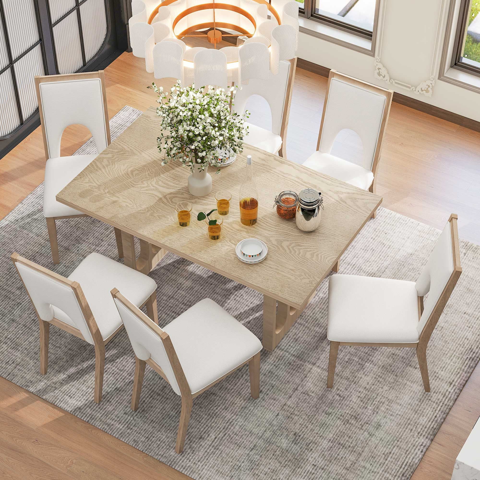 Farmhouse Dining Table Set with 6 Upholstered Chairs, 7 Piece Dining