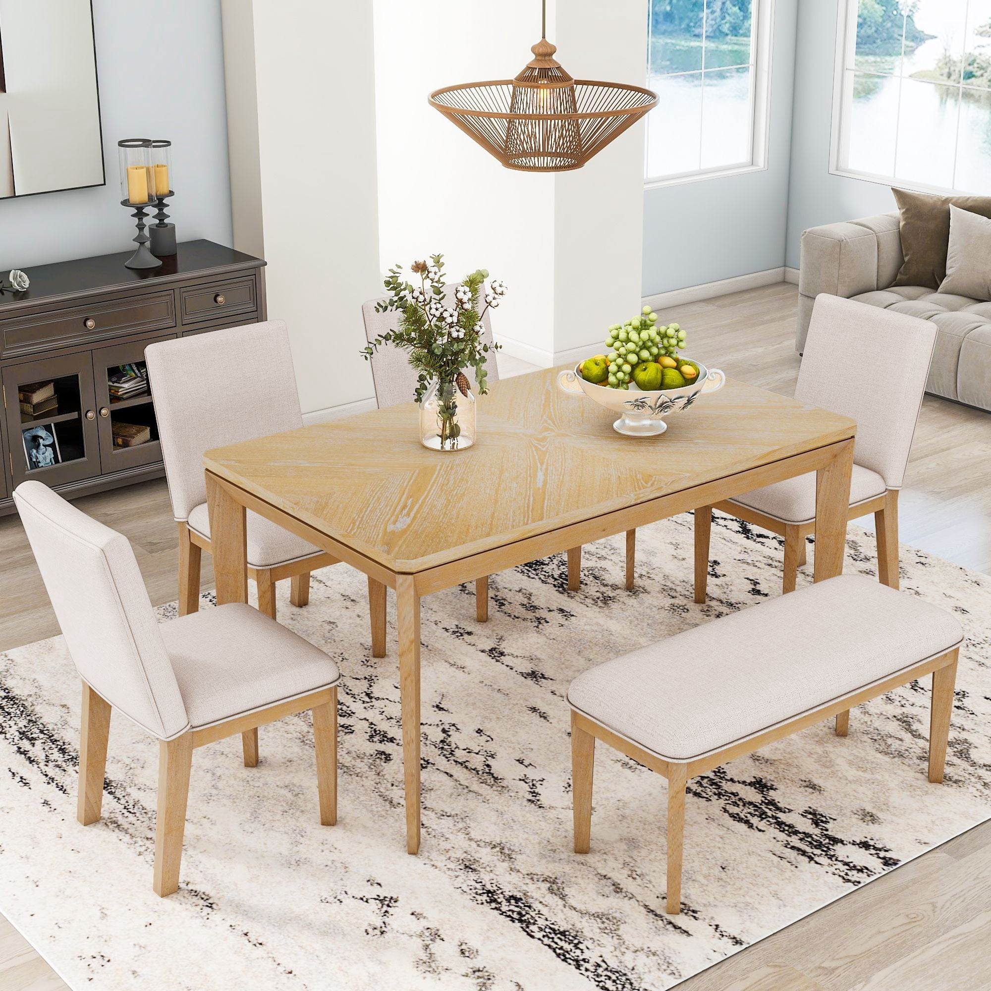 6 Piece Dining Room Table Set Farmhouse Dining Table Set for 6 with Upholstered Dining Chairs and