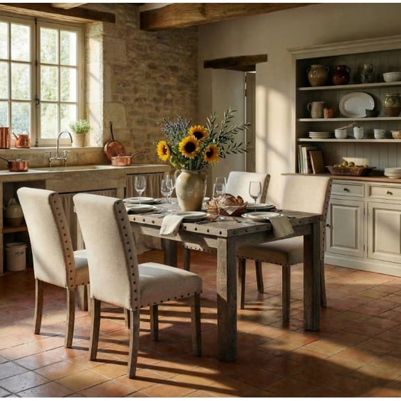 Farmhouse Dining Table Set for 4, Rectangular Wooden Table& 4 Upholstered Kitchen Chairs with Nailhead Accents for Dining Hub,Breakfast Nook