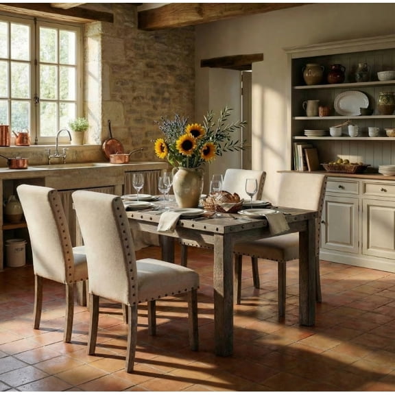 Farmhouse Dining Table Set for 4, Rectangular Wooden Table& 4 Upholstered Kitchen Chairs with Nailhead Accents for Dining Hub,Breakfast Nook