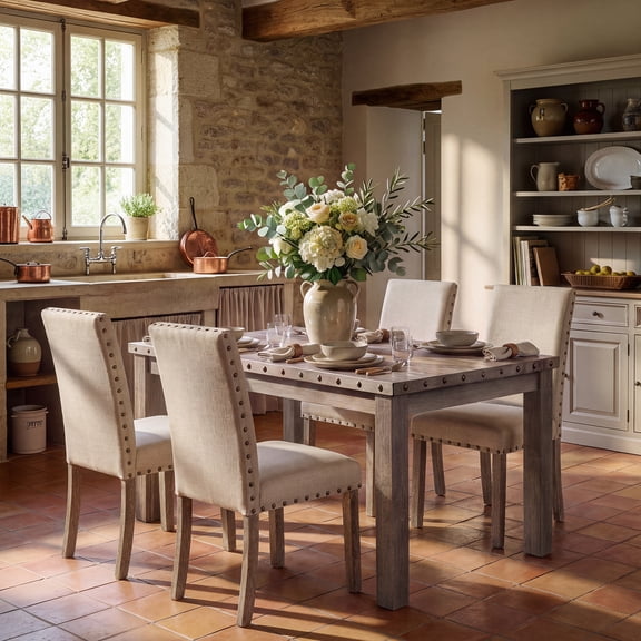 Farmhouse Dining Table Set for 4, Rectangular Wooden Table& 4 Upholstered Kitchen Chairs with Nailhead Accents for Dining Hub,Breakfast Nook