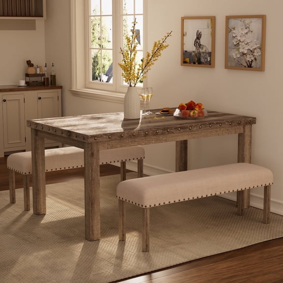 Farmhouse Dining Table Set for 4, Rustic Wooden Kitchen Table & 2 Upholstered Bench&, Country Style Dining Set for Family Gatherings