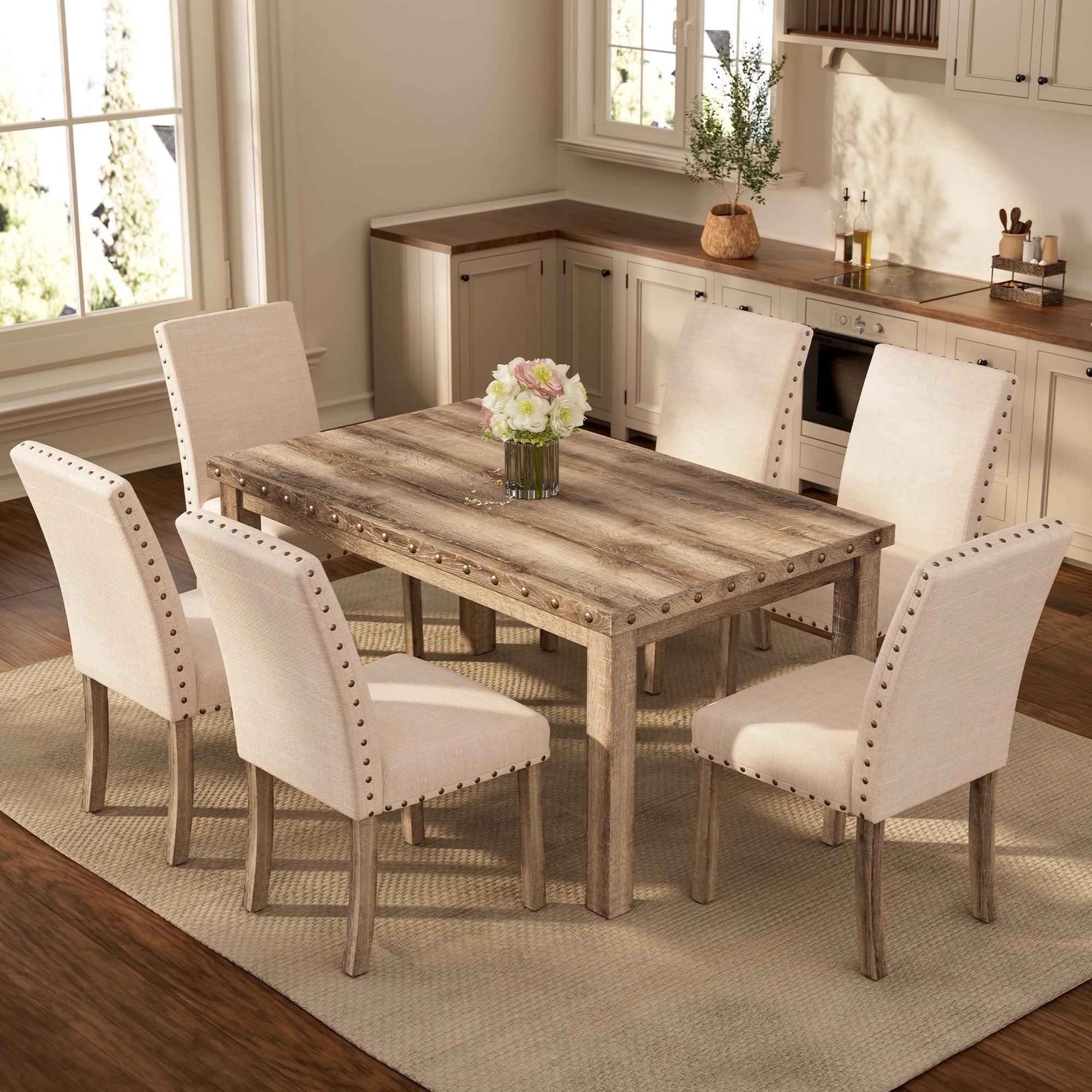 Morden Fort, Farmhouse Dining Table Set for 6, 6 Upholstered Chairs ...