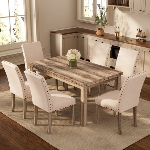 Farmhouse Dining Table Set for 6, Rectangular Wooden Table& 6 Upholstered Kitchen Chairs with Nailhead Accents for Dining Hub,Breakfast Nook