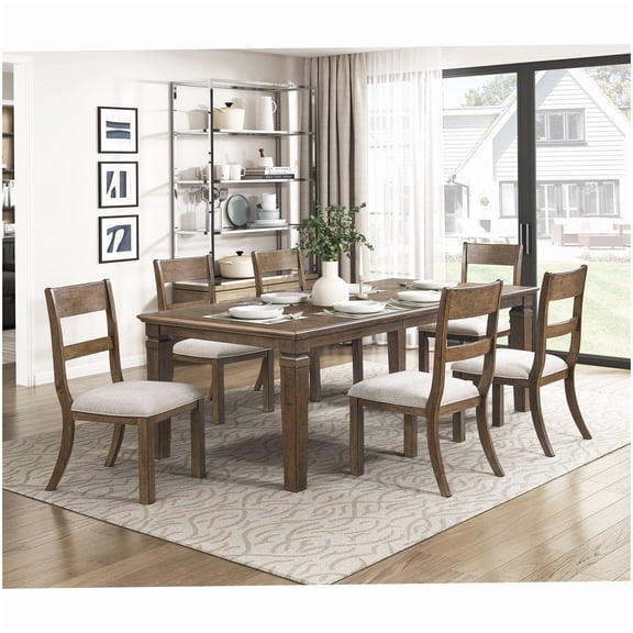 Farmhouse Dining Table Set for 6 with Extendable Table, Light Brown Finish and Gray Fabric Chairs