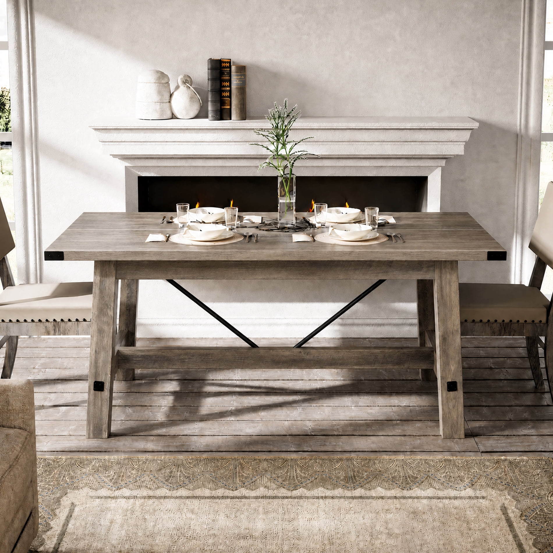 Farmhouse Dining Table for 4-6 Person, Grayish Brown 68 inch Long Wooden Kitchen Table, Large Rustic Dinner Table