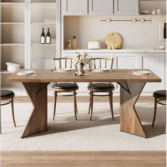 Farmhouse Dining Table for 6, Rectangular Kitchen Table with Sturdy Frame, Long Wooden Dinner Desk for Dining Room, Thickened Top