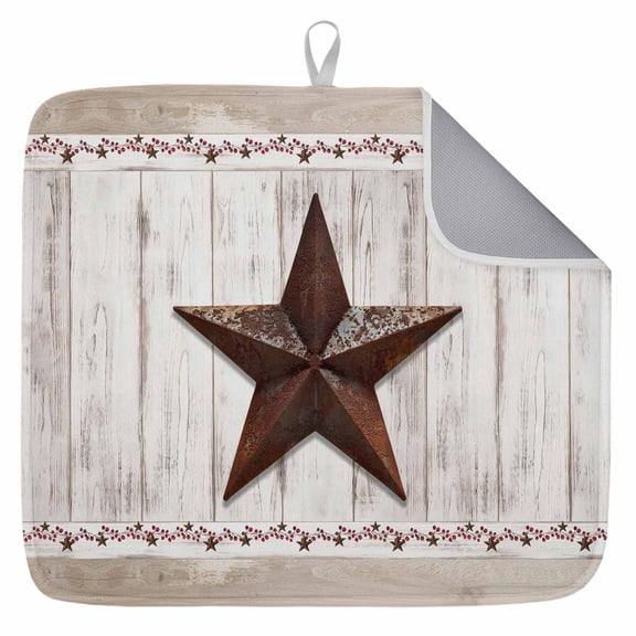 Farmhouse Dish Drying Mat for Kitchen Counter,Rustic Brown Country Star Barn Berry Wooden Dish Mat Drying Kitchen Mat for Sink Fridge Drawer Dishes Drainer Mats Microfiber Drying Pad 1pcs 16"x18"