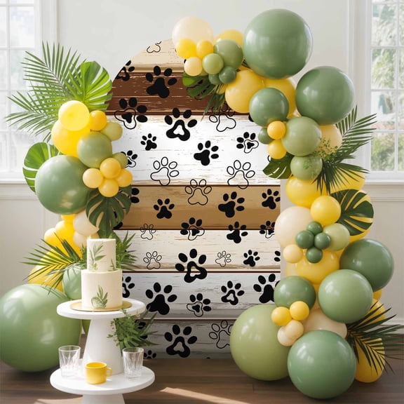 Farmhouse Dog Arch Backdrop Cover, 6.6FT, Paw Vintage Brown Wooden Board Spandex Arch Covers Double-Sided Backdrop for Wedding Birthday Party Photo Background Decoration
