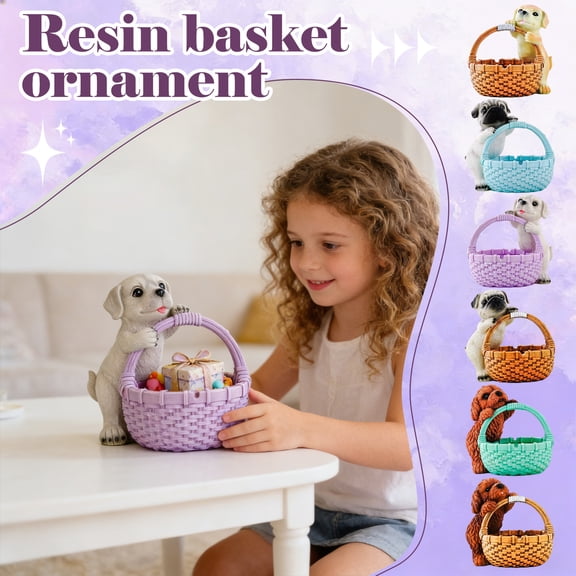 Farmhouse Dog Basket Planter 6.3in Resin Puppy Basket Decorative Container for Home Table Decor, Cute Dog Figurine Basket Holder for Shelf Garden Display