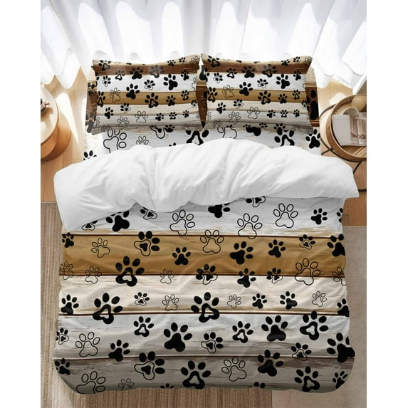 Farmhouse Dog Bedding Duvet Cover Set King Size 4 Pieces Paw Vintage Brown Wooden Board Bedding Set with Zipper Closure, 1 Comforter Cover 92x106 Inches 1 Flat Sheet & 2 Pillow Cases