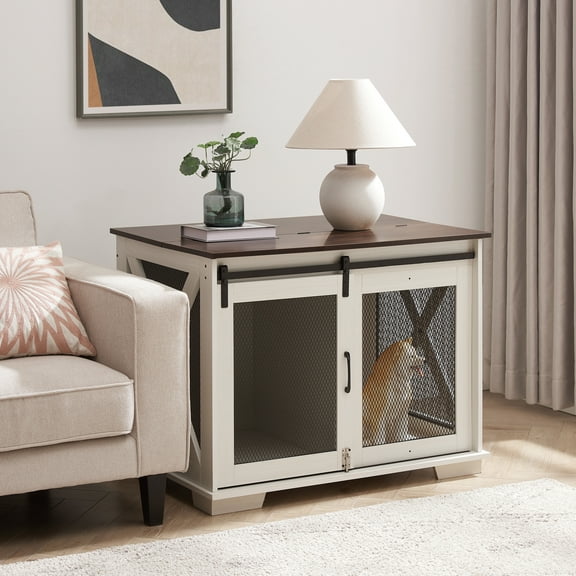 Farmhouse Dog Cage Crate Furniture with Sliding Barn Door, Wooden Dog Kennel End Table with Flip-top Plate Dog House