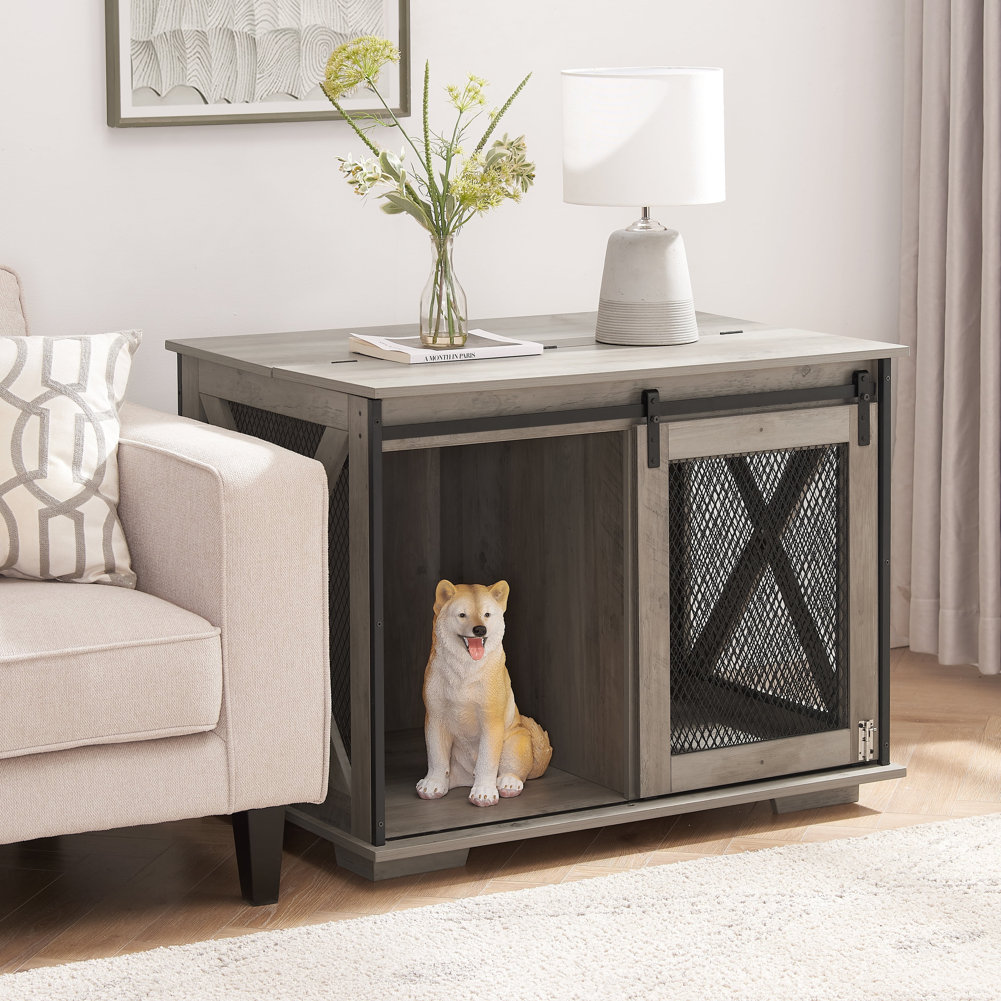 Gray Wash Farmhouse Dog Crate Table with Sliding Barn Door
