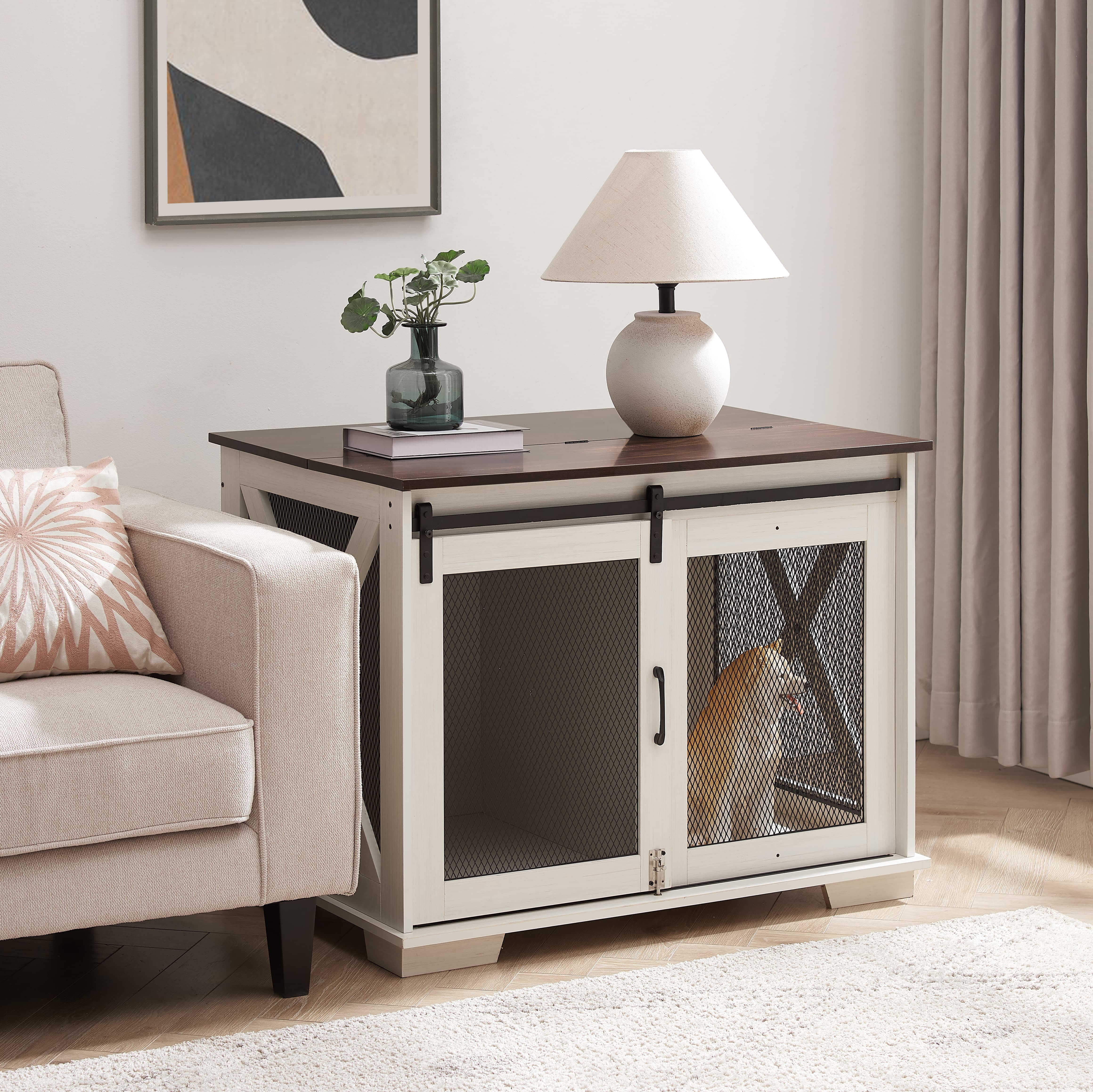 Farmhouse Dog Crate End Table Furniture – Sliding Barn Door, Flip-top Plate & Detachable Divider for Small/Medium/Large Dogs (Gray)