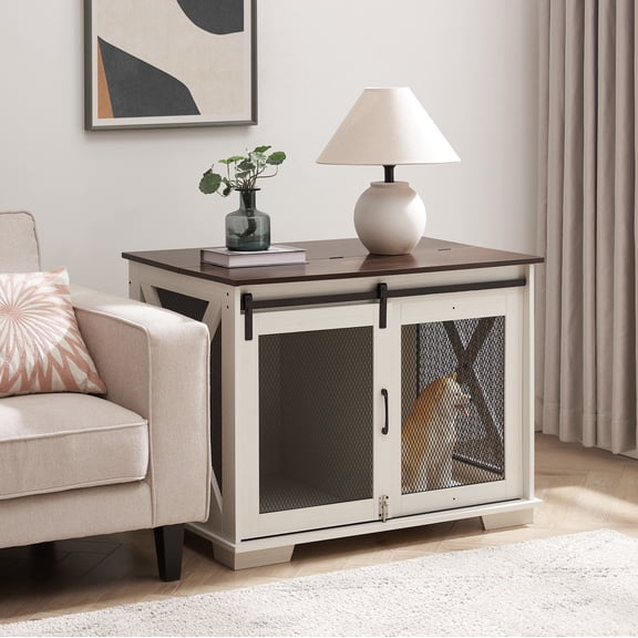 Farmhouse Dog Crate End Table Furniture – Sliding Barn Door, Flip-top Plate & Detachable Divider for Small/Medium/Large Dogs (Gray)