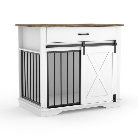 Farmhouse Dog Crate Furniture with Sliding Barn Door, 38 Inch Indoor Wood Dog Kennel and Buffet Cabinet with Storage Drawer, Pet Cage House Side Table for Small Medium Large Breeds