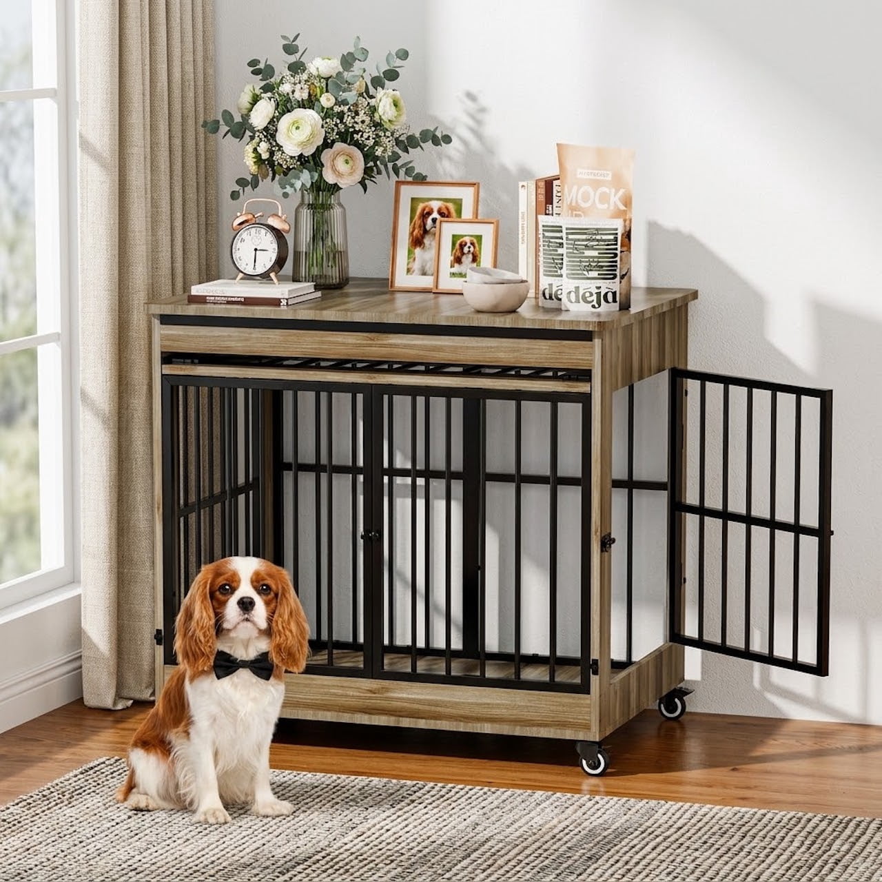 Xiweot 32" Dog Crate Furniture, Wooden Dog Kennel with Double Doors & Wheels, Indoor Pet Cage End Table for Small & Medium Dogs, Dog Kennel Furniture with Privacy Curtain, Size M, GREIGE