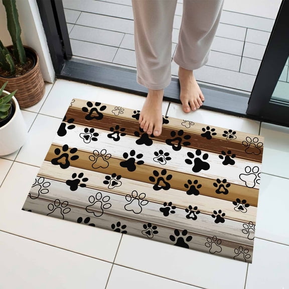 Farmhouse Dog Indoor Door Mat 16x24 Inch Paw Vintage Brown Wooden Board Front Door Mat Non Slip Washable Entryway Rug Low Profile Dirt Trapper Doormat for Bathroom Kitchen Bedroom