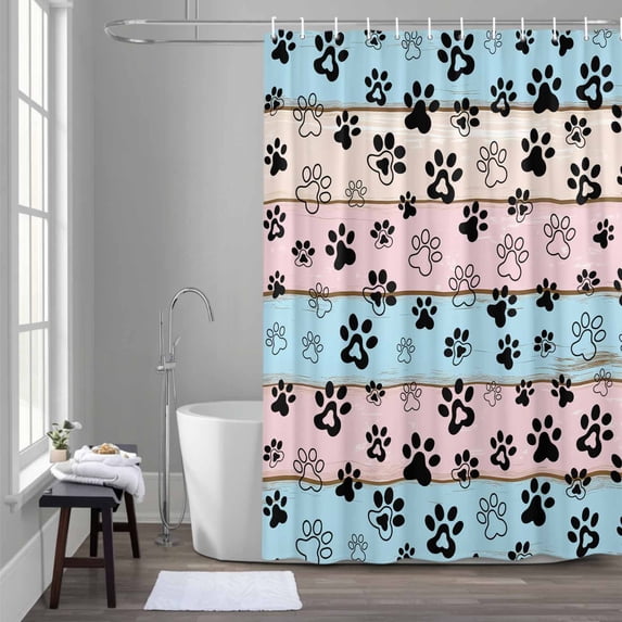 Farmhouse Dog Shower Curtain for Bathroom Decor, Paw Vintage Blue Pink Wooden Board Waterproof Fabric Shower Curtain, 36"x72" Set with 12 Hooks