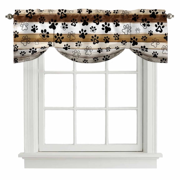 Farmhouse Dog Tie Up Valance for Windows Paw Vintage Brown Wooden Board Adjustable Curtain Valance Rod Pocket Balloon Shade Window Treatment for Kitchen Living Room Bedroom 54x18inch