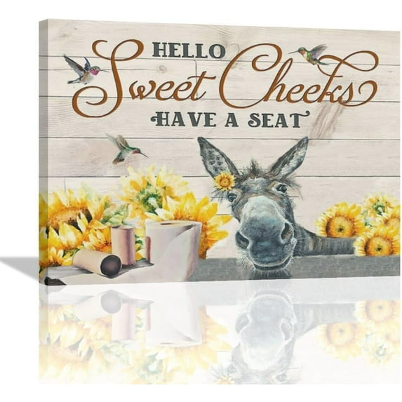 Farmhouse Donkey Wall Art for Bathroom Funny Donkey Birds Wall Decor Have a Seat Sunflower Pictures Print Painting Rustic Farm Flower Framed Artwork Canvas Home Decor for Bedroom Living Room 12"x16"