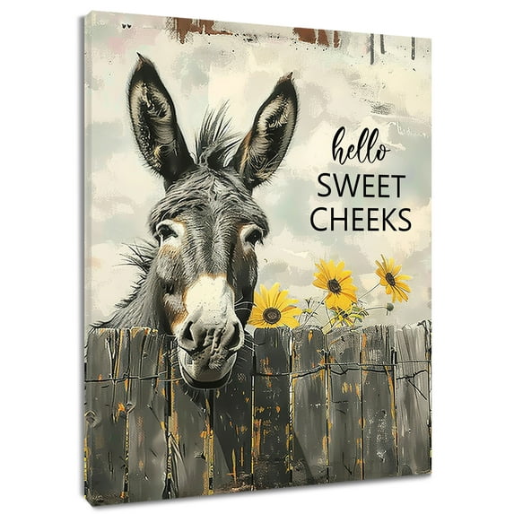 Farmhouse Donkey Wall Art Yellow Sunflower and Funny Donkey Inside Farm Fence Canvas Wall Art Hello Sweet Cheeks Framed Wall Art for Living Room Bedroom Bathroom Home Decor Ready to Hang,12x12 Inches