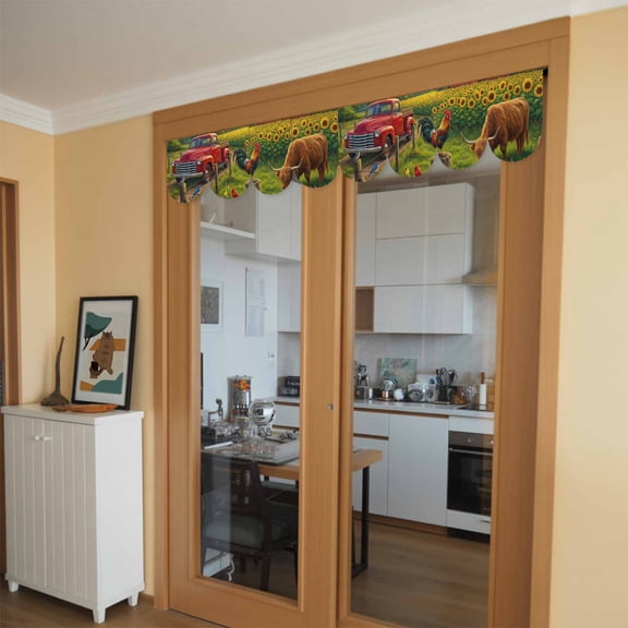 Farmhouse Door Banner Pastoral Landscape Sunflowers Red Barn Cow Chicken Small Scalloped Hanging Banner for Door, Hanging Flag Backdrop Decoration for Wall Window Party 4pcs, 8 x 12 Inch
