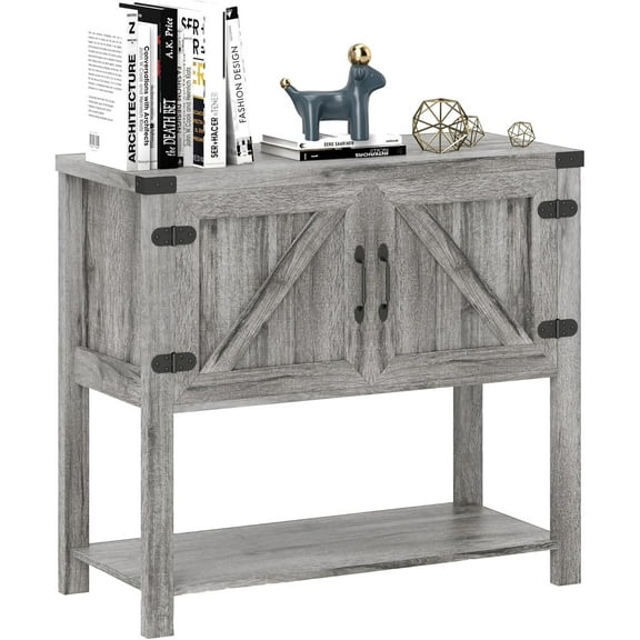 Farmhouse Double Door Coffee Bar Cabinet, Console Table, Sideboard Buffet Cabinet with Bottom Shelf for Entryway, Living Room, Stone Gray