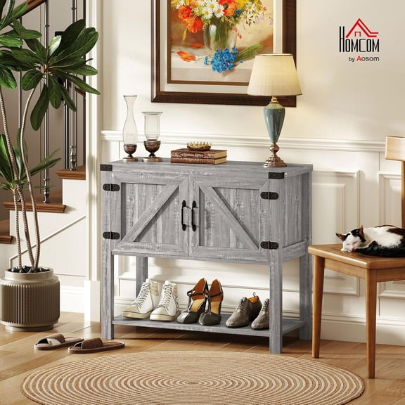 Farmhouse Double Door Coffee Bar Cabinet, Console Table, Sideboard Buffet Cabinet with Bottom Shelf for Entryway, Living Room, Stone Gray