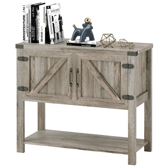 Farmhouse Double Door Coffee Bar Cabinet, Kitchen Cabinet with Bottom Shelf for Entryway, Living Room, Washed-out Gray