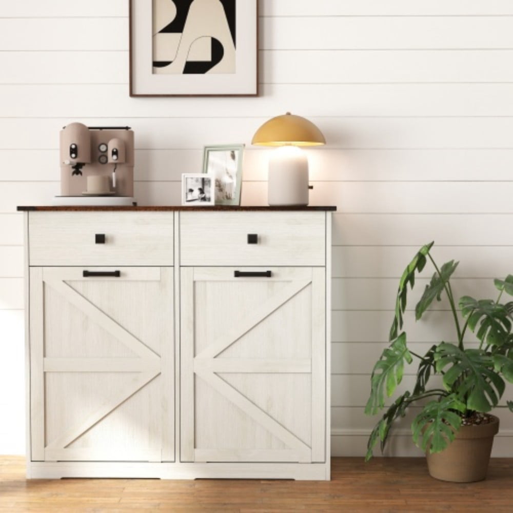 Farmhouse Double Tilt-Out Trash Cabinet, 2 x 10 Gallon Hidden Garbage Can Storage, Recycling Cabinet with Drawers, Barn Door Style, Brown + Antique White