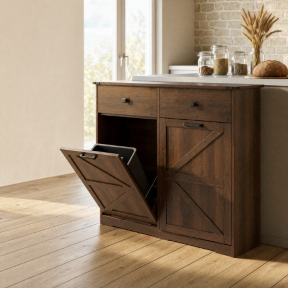 Farmhouse Double Tilt-Out Trash Cabinet, 2 x 10 Gallon Hidden Garbage Can Storage, Recycling Cabinet with Drawers, Barn Door Style, Walnut