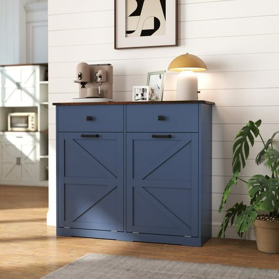 Farmhouse Double Tilt Out Trash Cabinet for 20 Gallon Trash Cans, Free Standing Recycling Cabinet with Hideaway Drawer, Barn Door Style Laundry Sorter Cabinet
