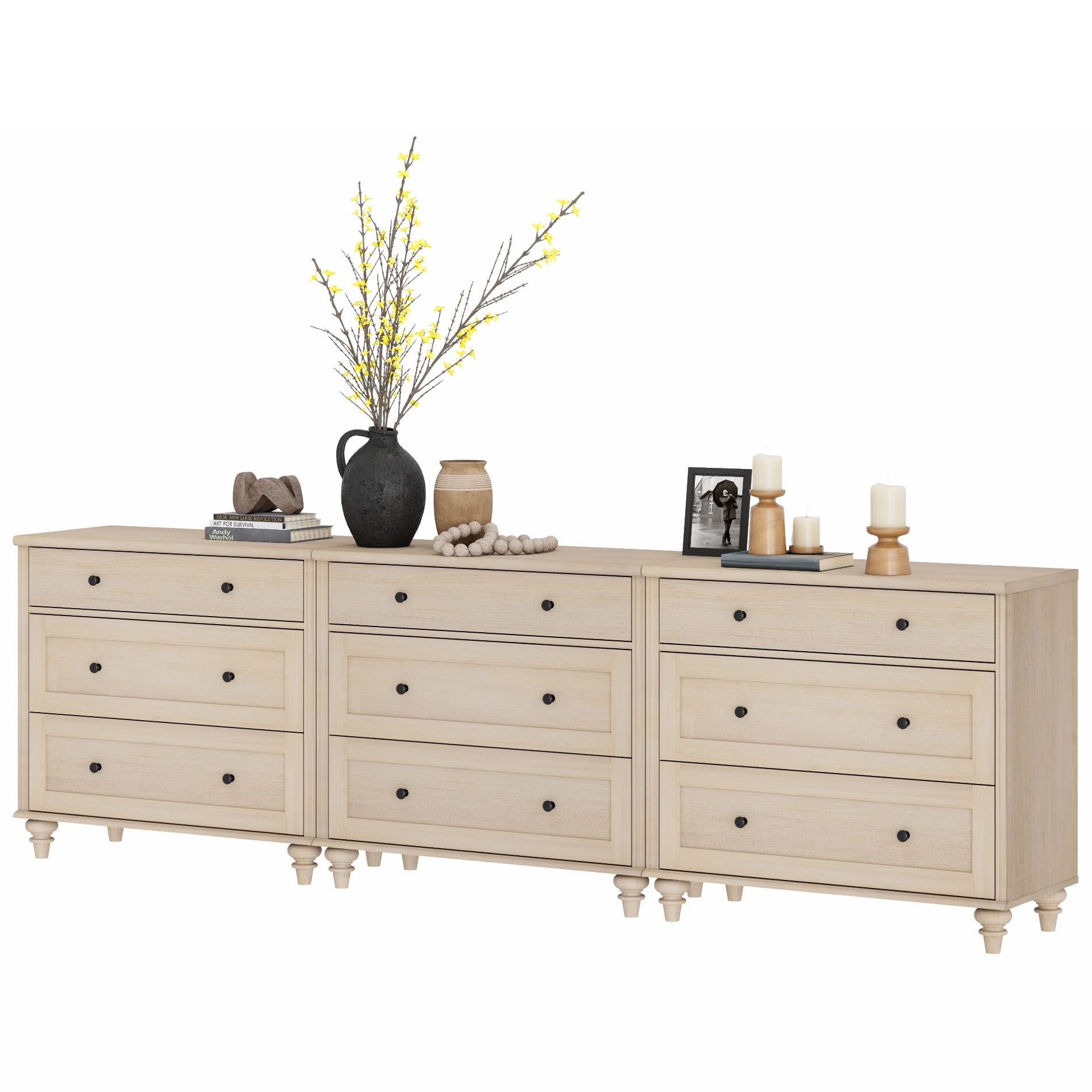 Farmhouse Dresser for Bedroom with 3 Drawers, Mid Century Modern Kids Dressers with Wood Closet Storage Organizer, Small Dressers for Nursery, Hallway, Living Room, Beige