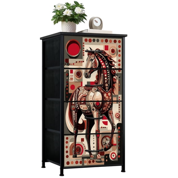 Farmhouse Dresser for Bedroom with 4 Storage Drawers Abstract Horse Red Beige Geometric Art Style Dressers Chest of Drawers Steel Framed Fabric Closet Organizers for Entryway