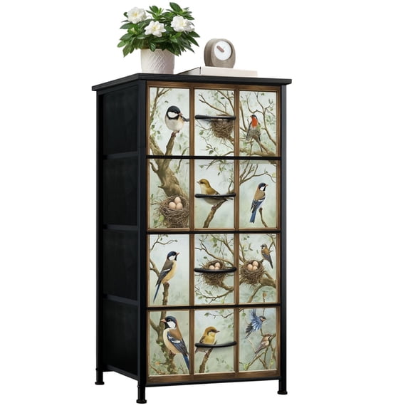 Farmhouse Dresser for Bedroom with 4 Storage Drawers Birds Hummingbirds Branch Country Tree Different Species Dressers Chest of Drawers Steel Framed Fabric Closet Organizers for Nursery Entryway
