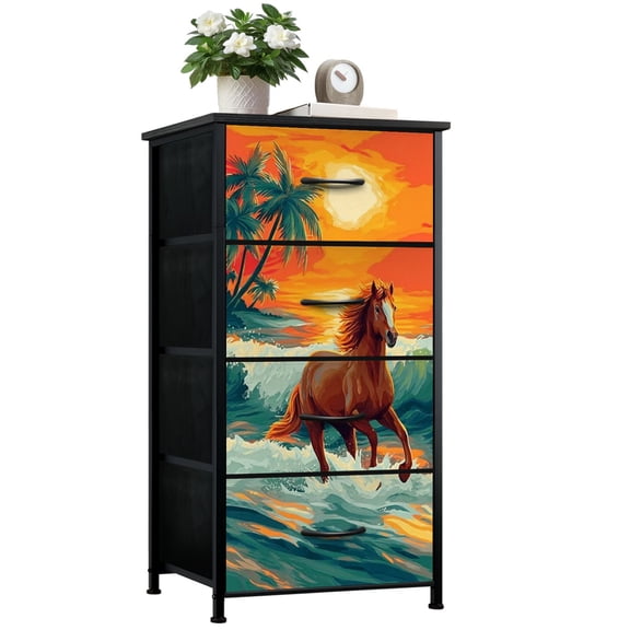 Farmhouse Dresser for Bedroom with 4 Storage Drawers Horse Running Waves Sunset Palm Trees Dressers Chest of Drawers Steel Framed Fabric Closet Organizers for Entryway