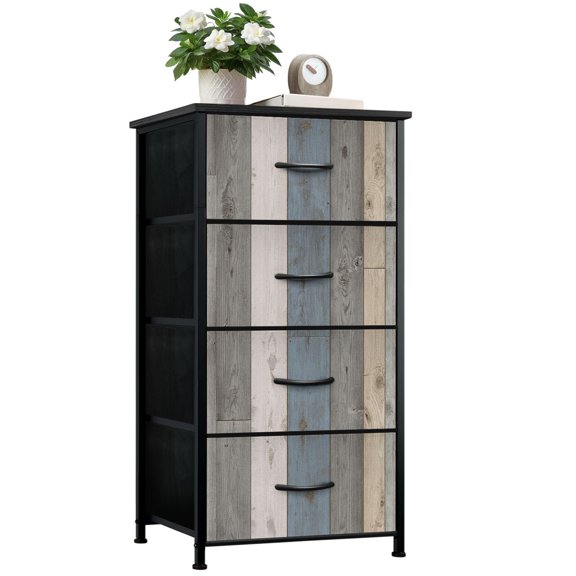 Farmhouse Dresser for Bedroom with 4 Storage Drawers Modern Art 3D Wooden Effect Wood Planks Light Blue Beige Grey Dressers Chest of Drawers Steel Framed Fabric Closet Organizers for Entryway