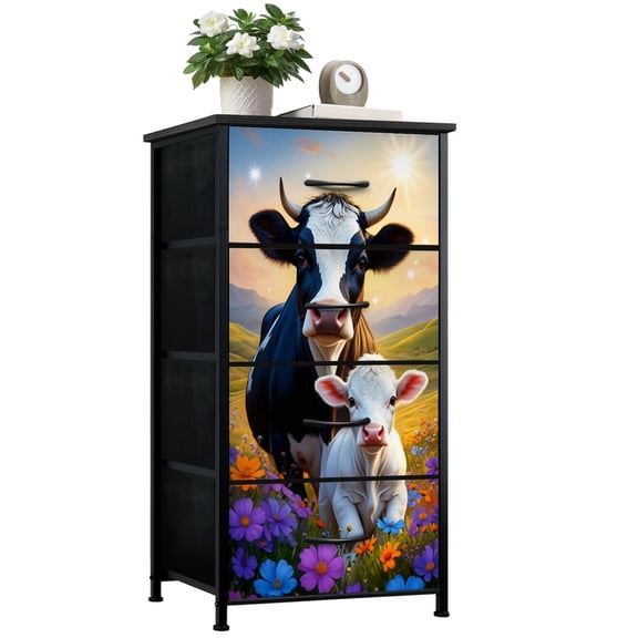 Farmhouse Dresser for Bedroom with 4 Storage Drawers Mother Cow Calf Vibrant Flower Field under Sunny Sky Dressers Chest of Drawers Steel Framed Fabric Closet Organizers for Entryway