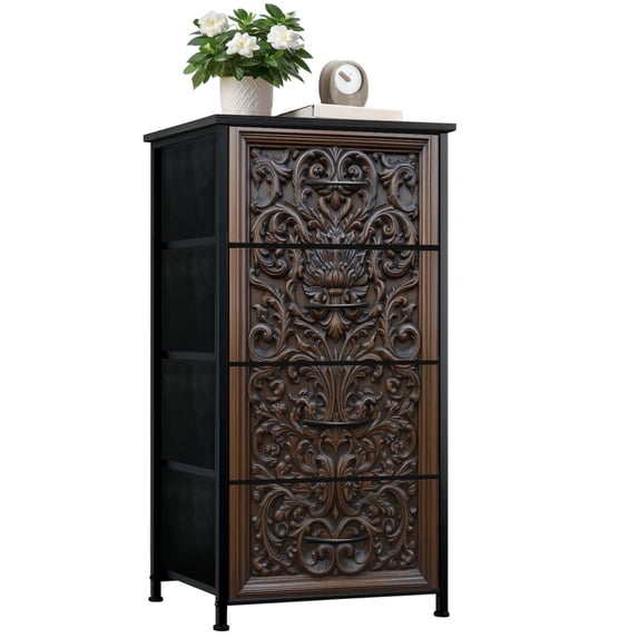 Farmhouse Dresser for Bedroom with 4 Storage Drawers Wooden Floral Patterns Swirling Vines Symmetry Curved Lines Intricate Dressers Chest of Drawers Fabric Closet Organizers for Entryway