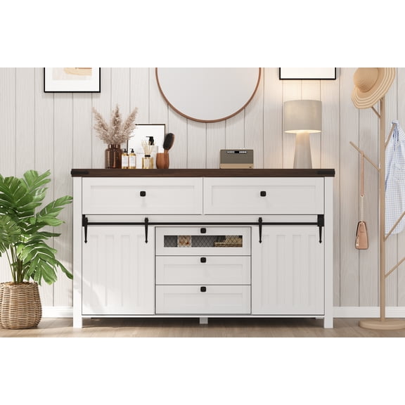 Farmhouse Dresser for Bedroom 47" Sideboard Buffet Cabinet with 5 Storage Drawers & 2 Sliding Barn Doors Rustic Coffee Bar TV Stand for Living Room